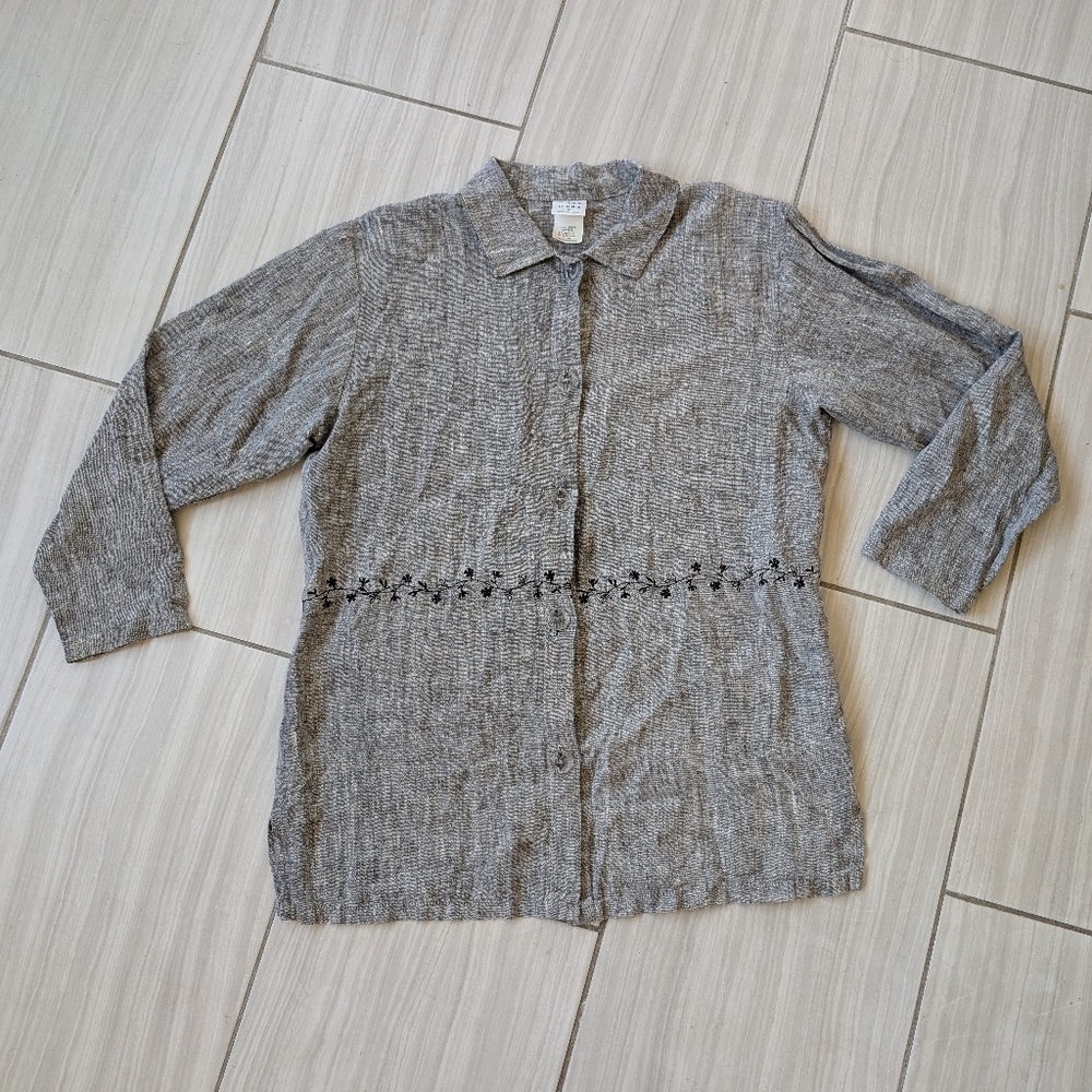 Marc Ware 100% Linen Shirt Button Tunic Embroidery Long Sleeve VTG USA Women M